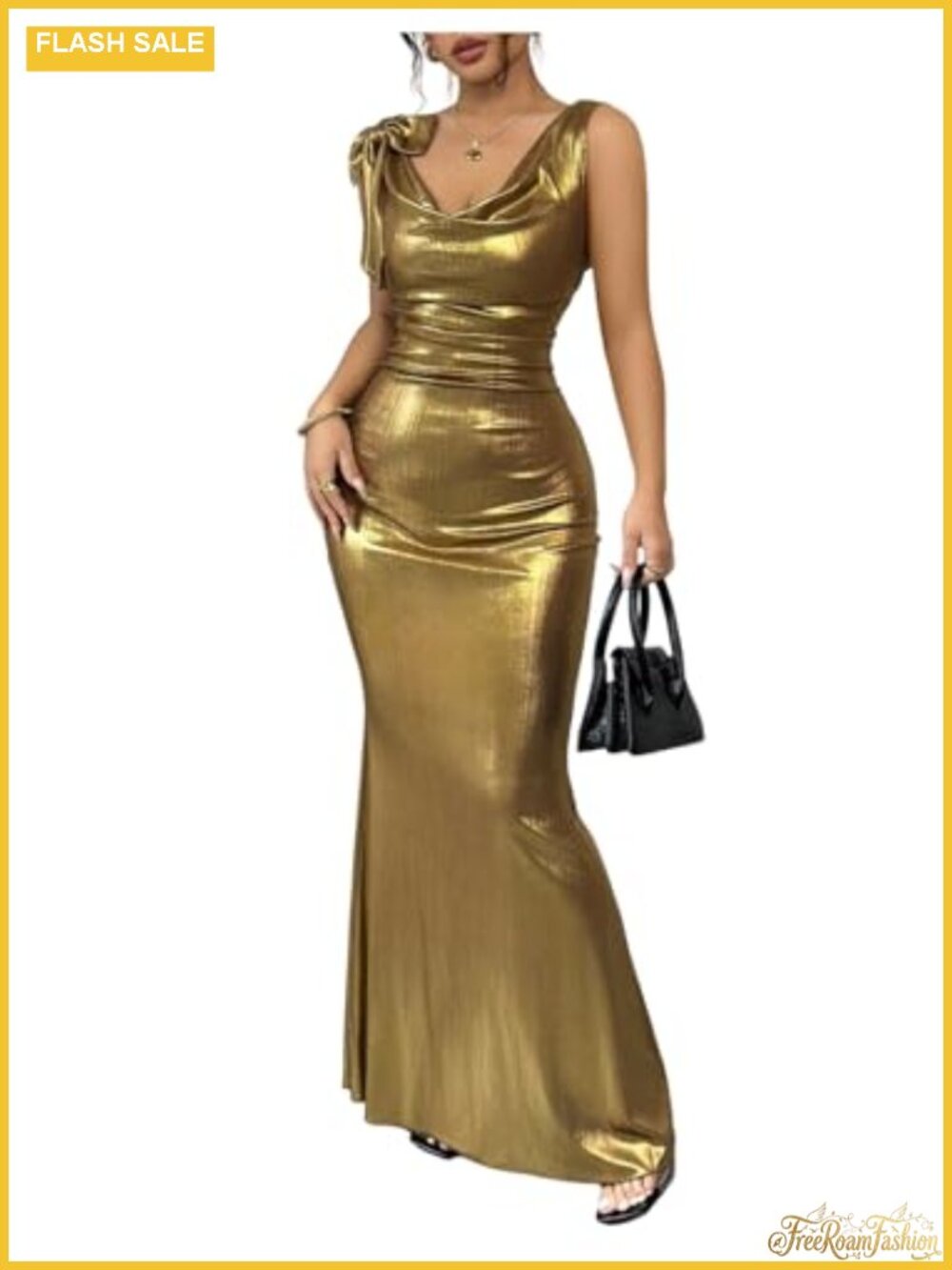 Metallic Sequin Shimmer Maxi Dress Cowl Neck Backless Sleeveless